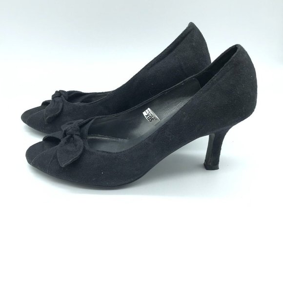 Isaac Mizrahi for Target Gabi Heels Peep Toe Bow Faux Suede Slip On Black Size 9 - Picture 3 of 7